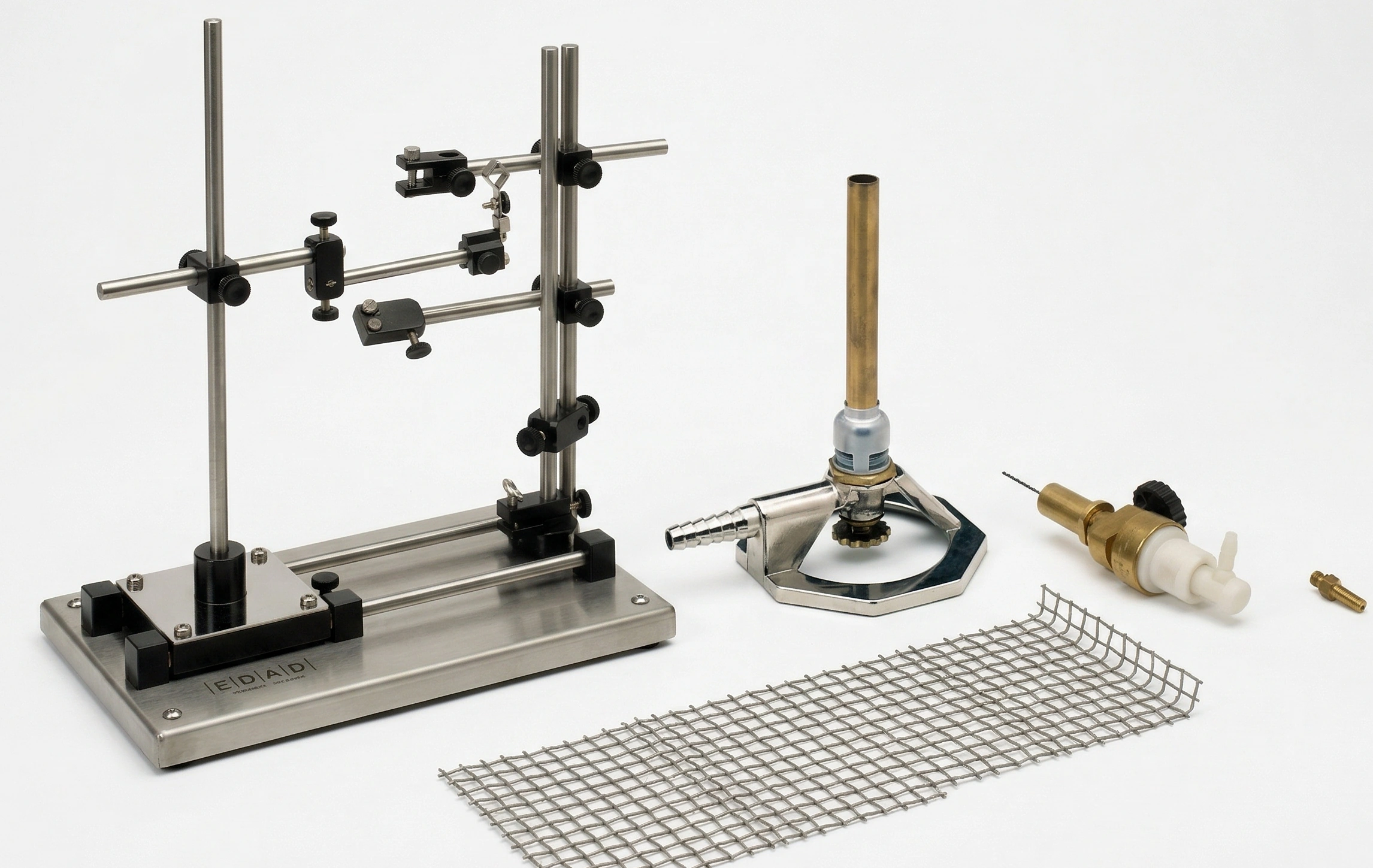 BTK-01 deluxe burn test kit hero shot featuring the BTA-01 apparatus, Bunsen burner, needle flame burner, and wire screen gauze on a white background