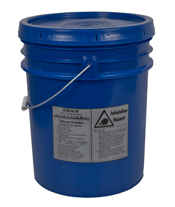 10 kg blue bucket of TX0005 75-micron Agalite talcum powder with industrial inhalation hazard warning labels.