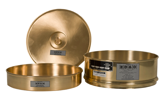 Set of brass DTC-830 standard sieves including a 75-micron mesh pan and matching cover for talcum powder filtration.