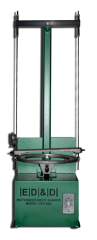 Green ED&D Model DTC-840 Motorized Sieve Shaker with vertical support rods and a timer control for consistent powder processing.