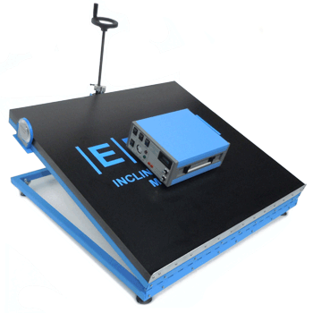 A large black 1000mm x 1000mm test platform tilted at an angle on a blue metal frame, with a blue electronic device placed on the surface for a stability test