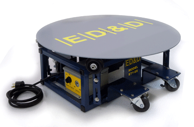 Portable Model ET1-25 waterproof turntable with adjustable caster wheels and a ball-bearing turning rim for IP code testing.