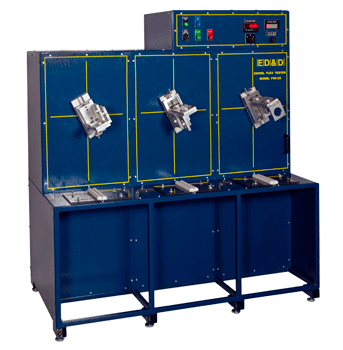 Industrial triple-station Series F39 flexibility test swivel machine with blue housing and adjustable clamping fixtures