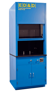 Blue Series FH-36 flame hood system with a counterbalanced laminated glass window and integrated storage cabinet for controlled burn testing