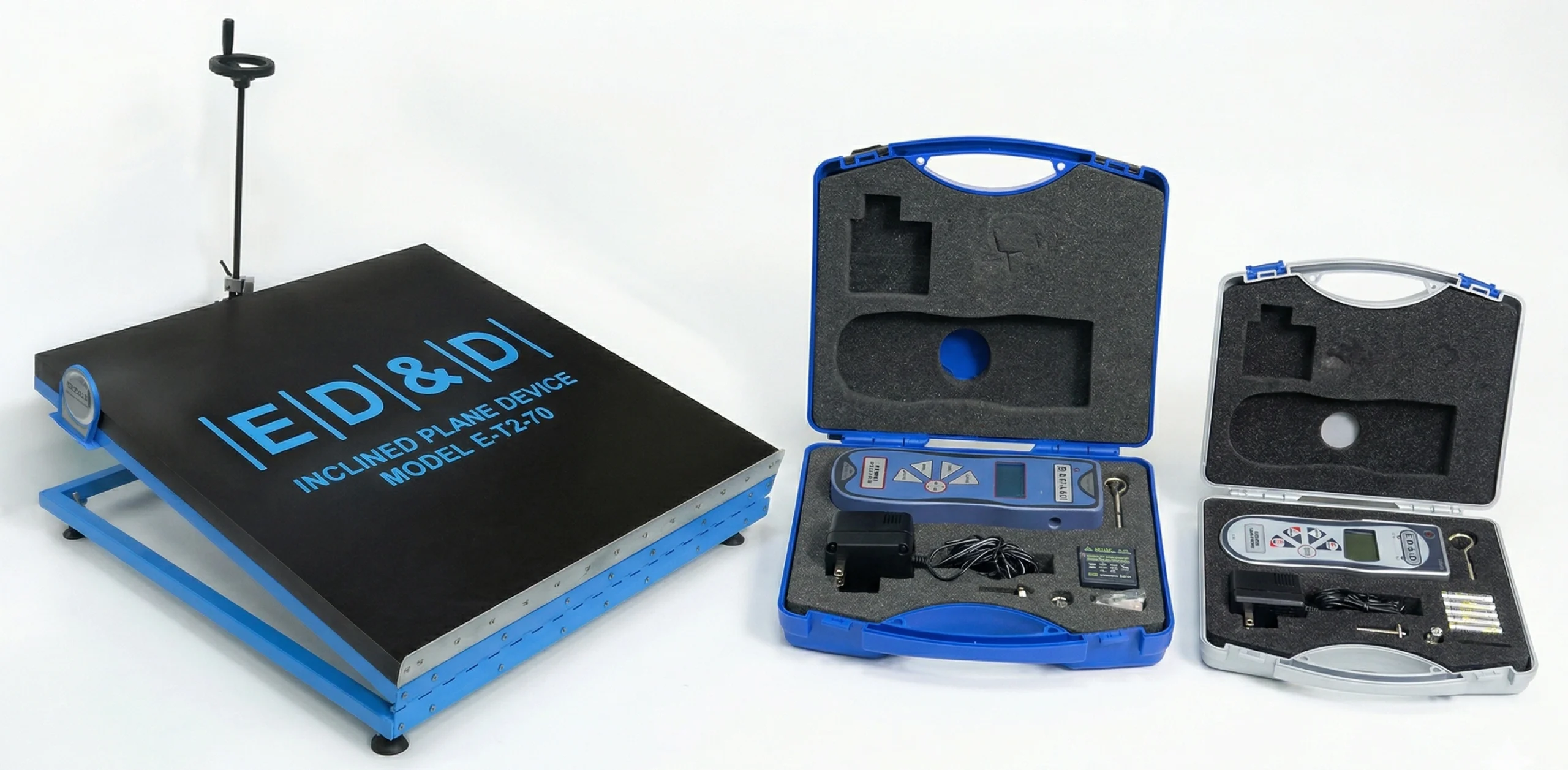 A group shot featuring an E-T2-70 inclined plane stability tester alongside a PFI series digital force gauge kit in a blue case and an AFI advanced force gauge kit in a silver case