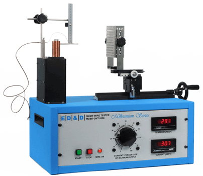 Millennium Series GWT-2000 glow wire tester with blue chassis, manual current control dial, and integrated specimen support grid