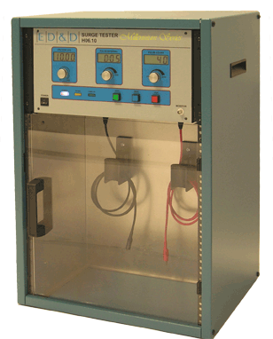 ED&D H06.10 surge tester with integrated safety test cabinet and digital pulse control displays.