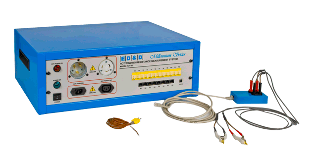 ED&D HOT-30 winding resistance system shown with included accessories, Kelvin probes, and Type K thermocouples.