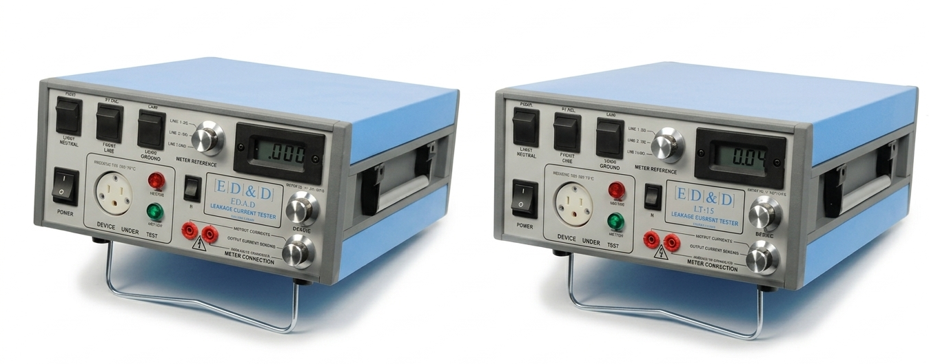 Side-by-side comparison of the ED&D LT-15 and LT-952 digital leakage current testers on a white background.