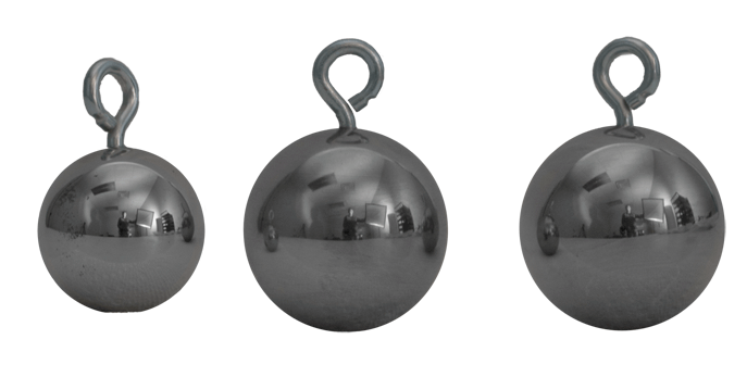 Three stainless steel ITB series impact test balls with integrated eyelets for pendulum and drop testing applications.