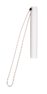 A high-resolution shot of the ITC-01 IEC Test Chain, featuring a white cylindrical handle with a metallic chain loop attached, designed for verifying the inaccessibility of hazardous operating shafts and screws.