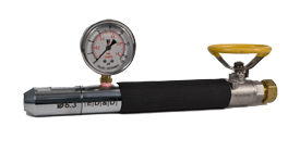 JET-01 6.3 mm water jet nozzle with integrated pressure gauge and manual flow control valve for IPX5 testing.