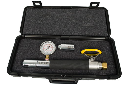 ET-03 Deluxe Jet Nozzle Kit in a protective carrying case with interchangeable 6.3mm and 12.5mm tips and a pressure gauge.