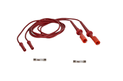 Red test lead set with banana jack connectors and replacement fuses for leakage current surface testing.