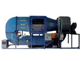 Large blue DTC-300 Dust Test Chamber with a clear viewing window, integrated vacuum gauge, and right-mounted control panel.