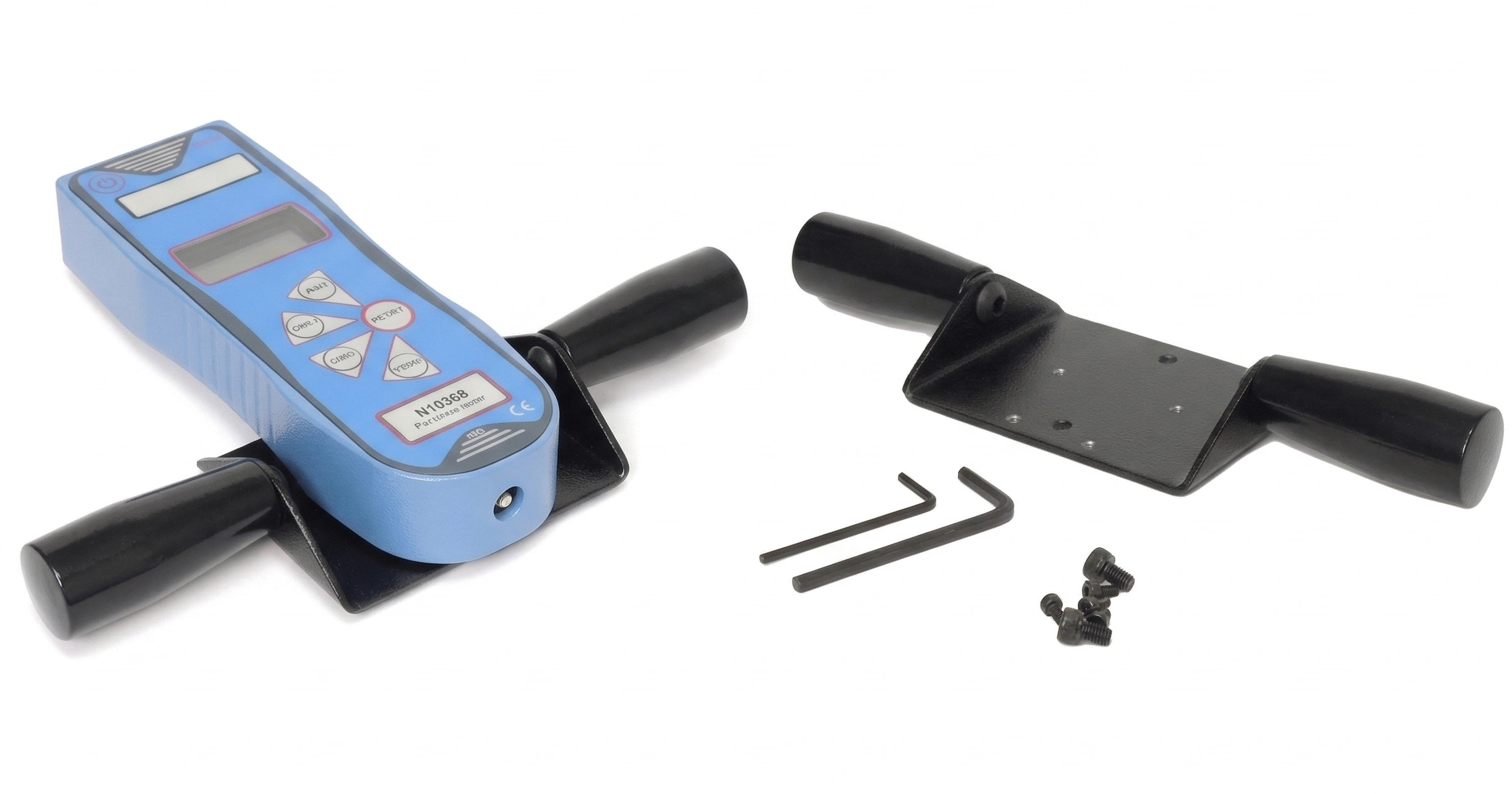 Ergonomic dual-handle grip attachment for PFI-series force gauges, including mounting hardware and hex keys for high-force push-pull applications