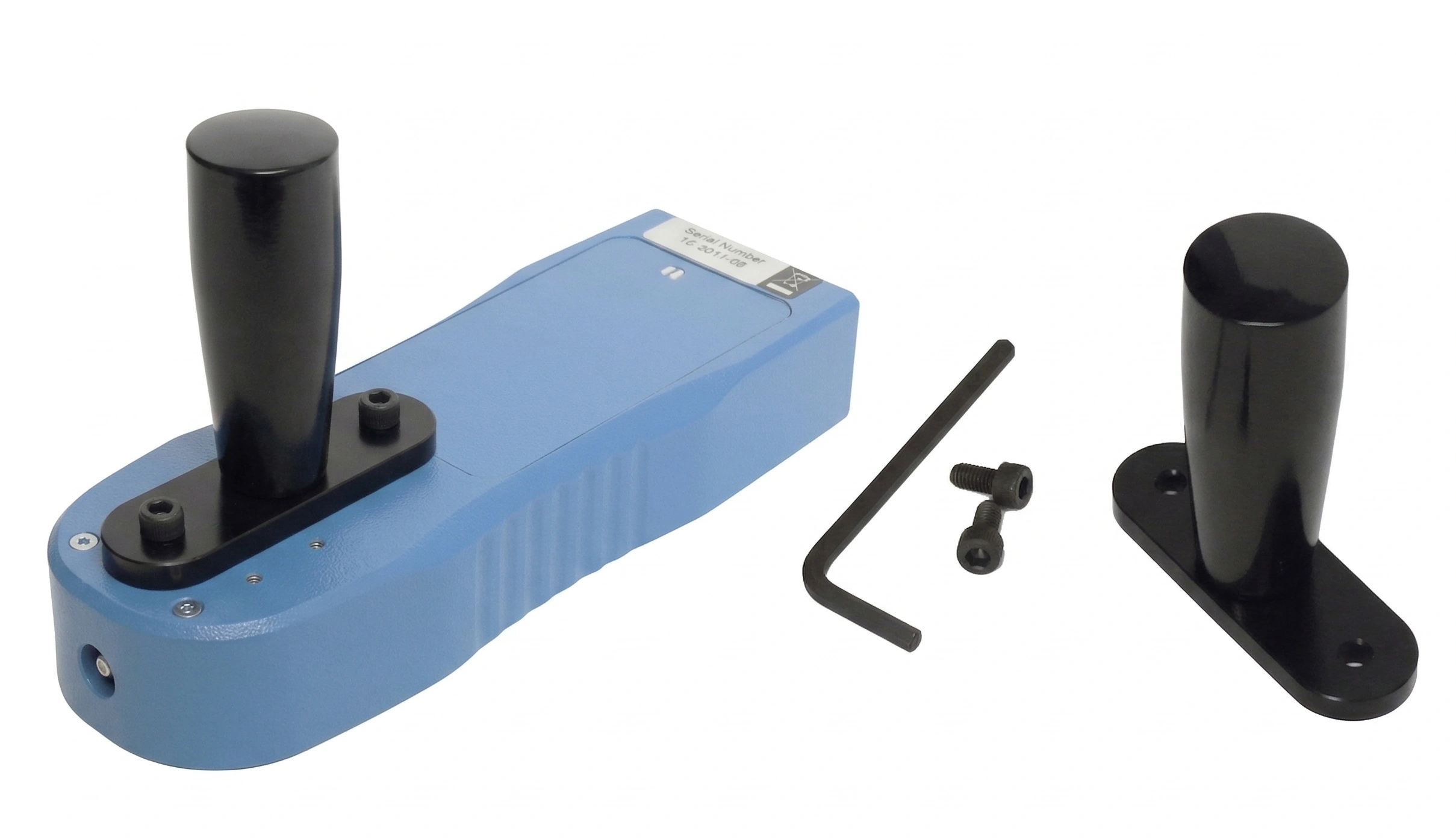 Industrial single-handle attachment for PFI-series force gauges, featuring a contoured black grip, mounting screws, and hex key for enhanced manual testing control