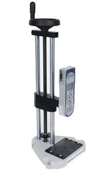 PFI-MDD Manual Force Gauge Test Stand with 1000N capacity and hand-wheel operation, featuring 2mm travel per rotation for precision safety testing
