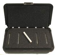 RAP-01 Rubber Accessibility Probe Kit featuring five identical soft rubber probes in a custom-cut foam padded carrying case for modular jack testing.