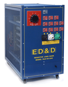 Blue RLB-40-240 Resistive Load Bank on casters featuring integrated cooling fans and adjustable load control switches.