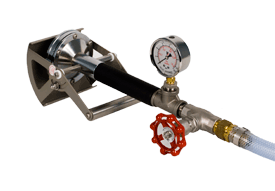 SNZ-01 Handheld Spray Nozzle for IPX3 and IPX4 ingress protection testing, featuring a stainless steel shield, pressure gauge, and flow control valve for IEC 60529 compliance.