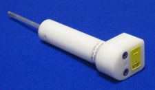 A white cylindrical probe handle with a thin metal sensing tip and a yellow thermocouple connector port on the base, shown against a blue background