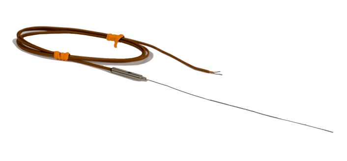 Replacement Type K thermocouple for glow wire testing featuring a 1.0 mm diameter bendable sheath and protective rubber jacketing