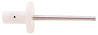 A close-up view of the TPP-02 Long Test Pin Probe, emphasizing its detailed textured (checkered) white Delrin body, large diameter stop plate, and brief stainless steel tip, positioned horizontally against a white background for product comparison.