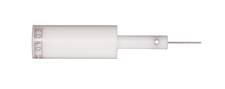 A full view of the TPP-03 Test Pin Probe, featuring a simple cylindrical white Delrin handle, a textured stop plate, and a thin, extended stainless steel probe pin, against a pure white background.