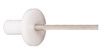 A complete product image of the TPP-04 Long Test Pin Probe, showing its distinctly extended large white Delrin handle (marked with indistinct technical text) and wide stop plate, with the high-precision stainless steel pin tip extended, positioned horizontally against a pure white background.