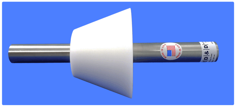 A side view of the TRP-04 Test Rod Probe featuring a large conical white stop plate mounted on a thick stainless steel rod, with a Made in USA and ED&D branding label, shown against a solid blue background.
