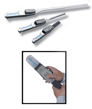 A Series TW digital torque wrench tester showing three different sizes of measurement tools and a close-up of a hand operating the digital LCD interface for torque calibration