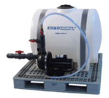 WTR-01 Water Test Reservoir with 130-gallon tank and integrated pump system mounted on a heavy-duty pallet for jet nozzle testing.