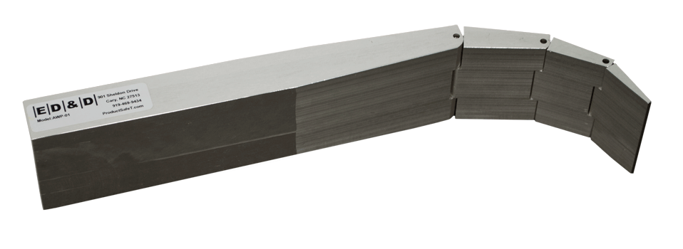 A wide-angle product shot of the AWP-01 Wedge Probe, showing its multi-jointed metallic segments and an ED&D manufacturer label, designed for paper document shredder safety testing under UL 60950-1.