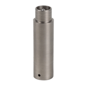 A professional product photo of the CTP-01 Coax Test Plug, showing its textured cylindrical stainless steel body and specialized coaxial connector tip for antenna socket safety testing.