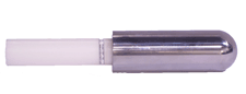 A close-up shot of the HBP-103 Blender Probe, featuring a white handle and a thick stainless steel probe body with a smooth hemispherical end, designed for safety evaluations of kitchen appliances.