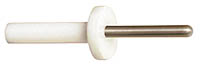 A product image of the TTP-01 Telecom Test Probe, featuring a white Delrin handle, a circular stop plate, and a rounded stainless steel probe pin for testing telecommunications equipment accessibility.