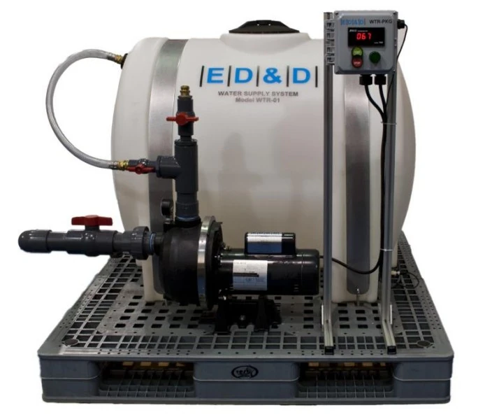 ED&D WTR-01 water supply system with 130-gallon reservoir, booster pump, and WTR-PKG digital controller.