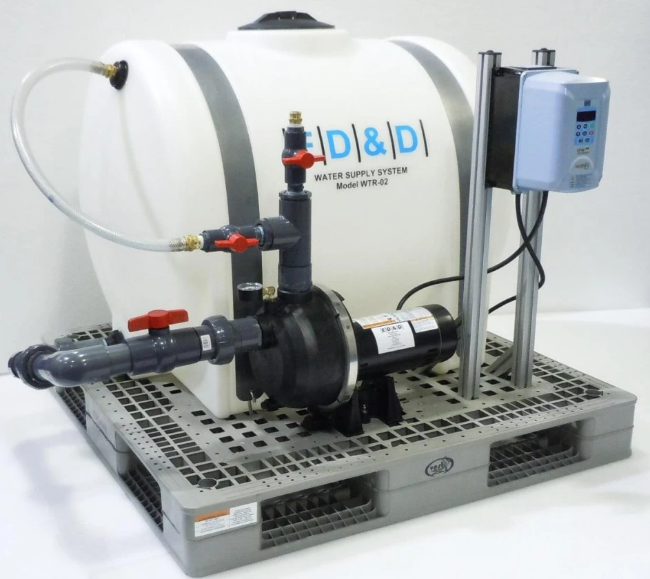 ED&D WTR-02 water supply system with 130-gallon tank, industrial pump, and VFD controller.