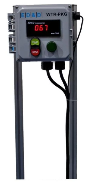 ED&D WTR-PKG control panel with water-temperature display, Start and Stop controls, and status indicator.