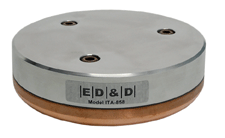 ED&D Model ITA-858 circular copper-bottom impact weight for glass and ceramic cooking-panel durability testing.